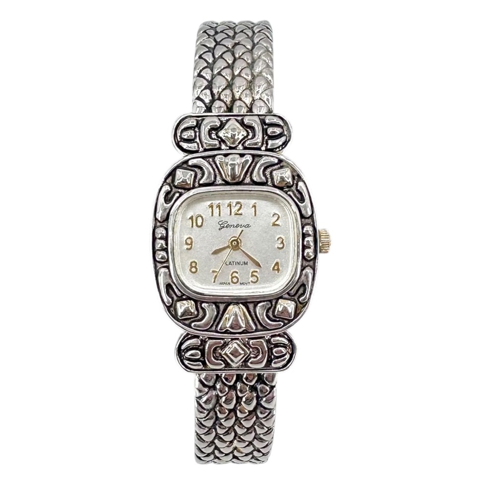 Vintage Geneva Cuff Bracelet Watch Womens Silver Tone Ornate Textured Working